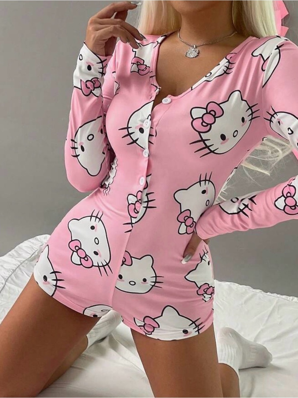 Hello Kitty Pink Button-Front Romper Pajama